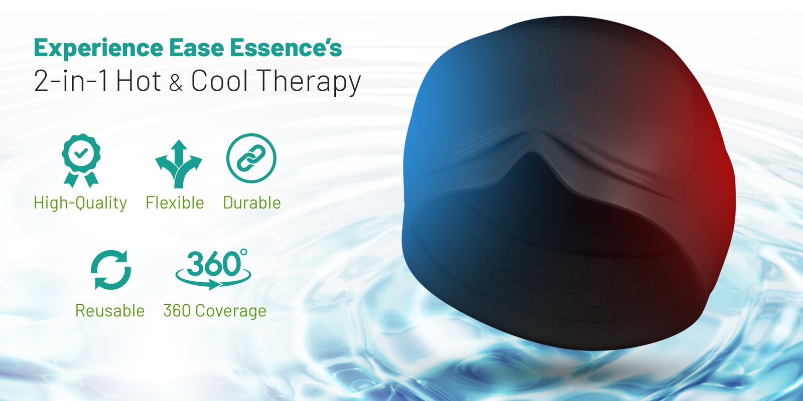 Ease Essence migraine relief cap shown with cool (blue) and hot (red) therapy, floating on water