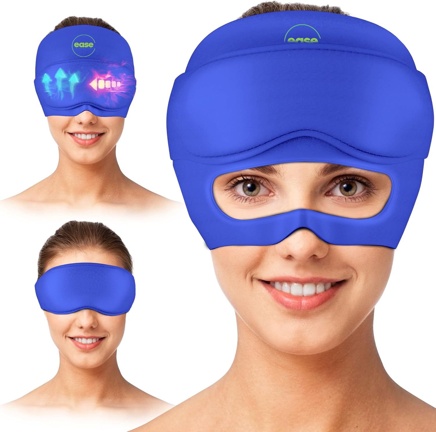 Blue migraine relief cap worn