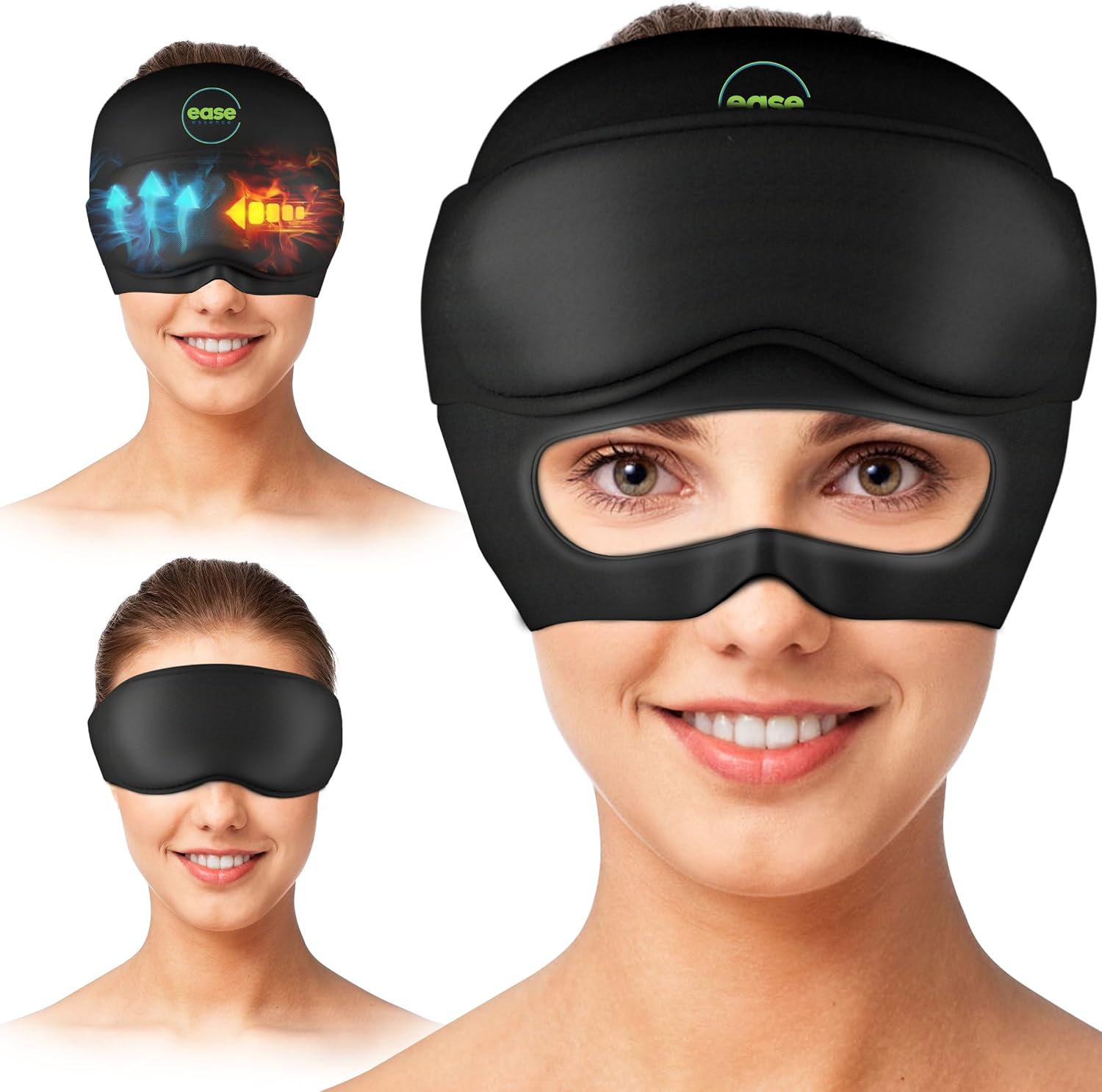 Black migraine relief cap and eye mask worn